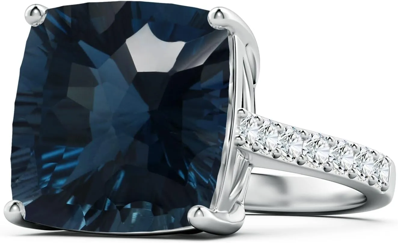 Angara Natural GIA Certified Cushion 16.12 ct London Blue Topaz Cocktail Ring with Diamonds in 14K Solid Gold/Platinum for Women | November Birthstone Jewelry for Women