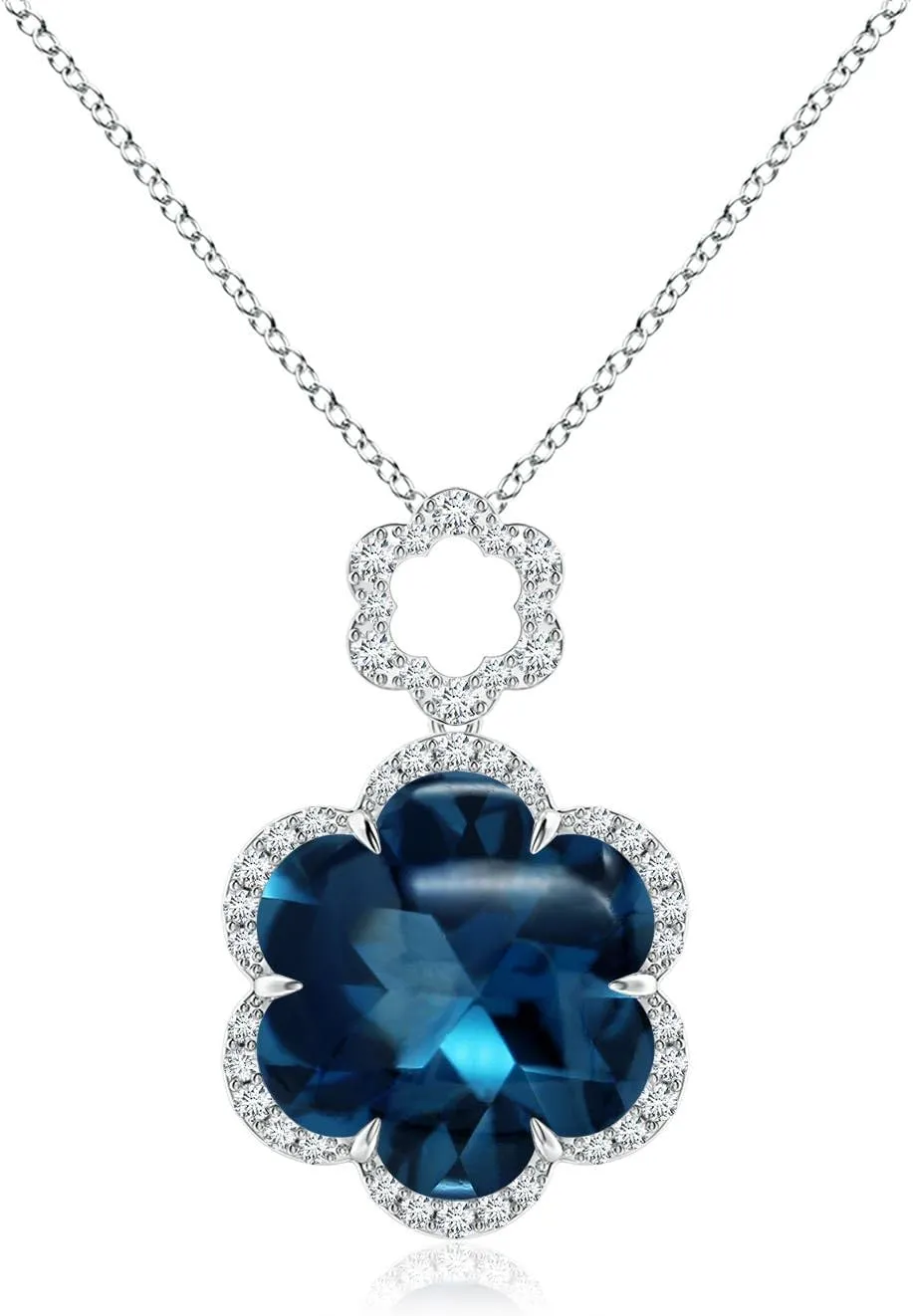 Angara Natural GIA Certified Six-Petal 4.34 ct London Blue Topaz Flower Halo Pendant in 14K Solid Gold/Platinum for Women | November Birthstone Jewelry Gift for Women