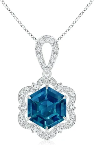 Angara Natural London Blue Topaz Halo Pendant Necklace for Women in Platinum (Grade-AAAA | 7mm) December Birthstone Jewelry Gift for Women | Birthday | Wedding | Anniversary