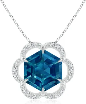 Angara Natural London Blue Topaz Halo Pendant Necklace for Women in Platinum (Grade-AAAA | 7mm) December Birthstone Jewelry Gift for Women | Birthday | Wedding | Anniversary