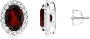 ANGARA Natural Oval Garnet Studs with Diamond Halo in 14K Solid Gold/Platinum | January Birthstone, Birthday, Engagement, Anniversary, Wedding Jewelry Gift for Women