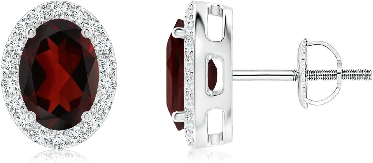ANGARA Natural Oval Garnet Studs with Diamond Halo in 14K Solid Gold/Platinum | January Birthstone, Birthday, Engagement, Anniversary, Wedding Jewelry Gift for Women