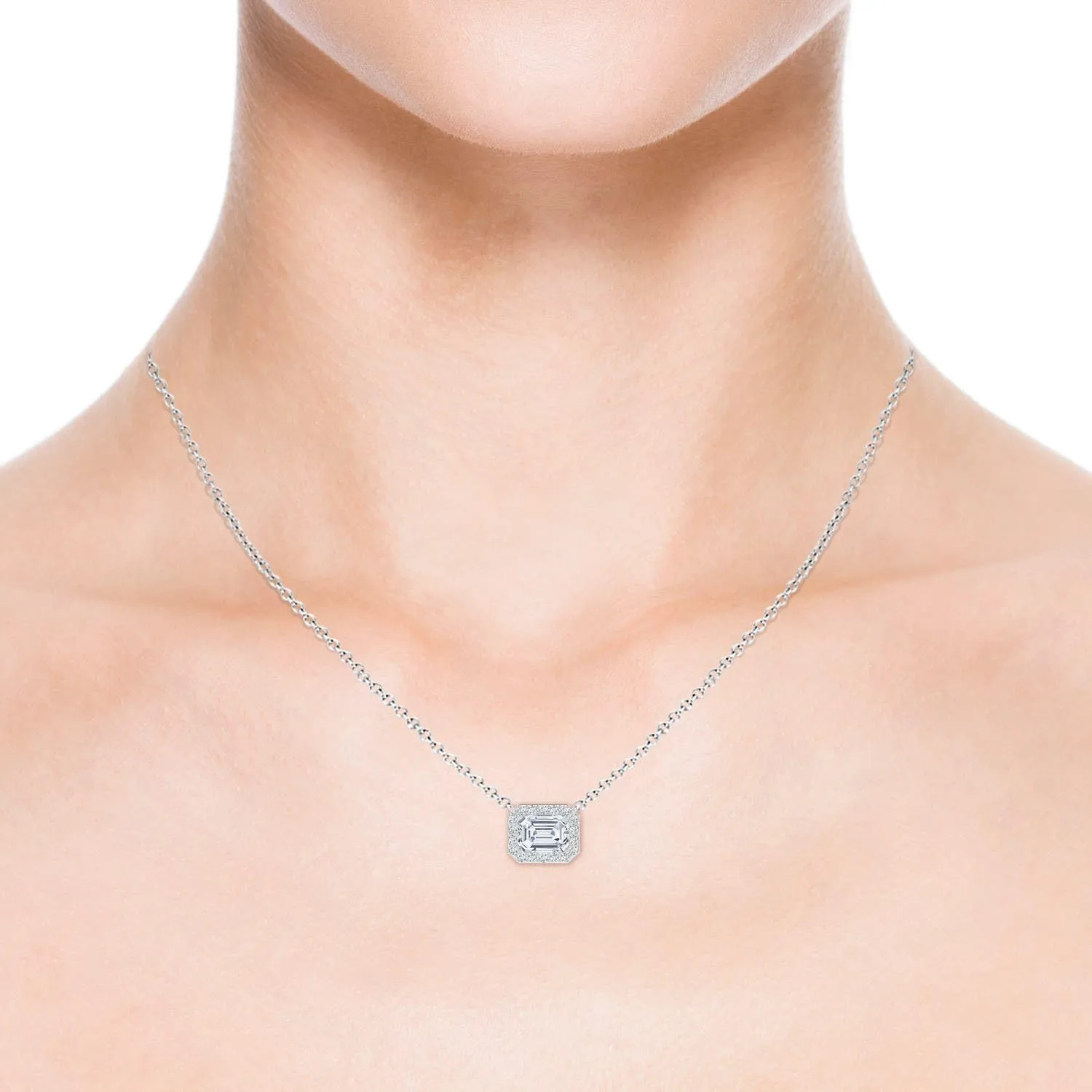 Angara Vintage Style East-West Emerald-Cut Lab Grown Diamond Halo Pendant in 14K Solid Gold/Platinum | April Birthstone, Birthday, Engagement, Anniversary, Wedding Jewelry Gift for Women