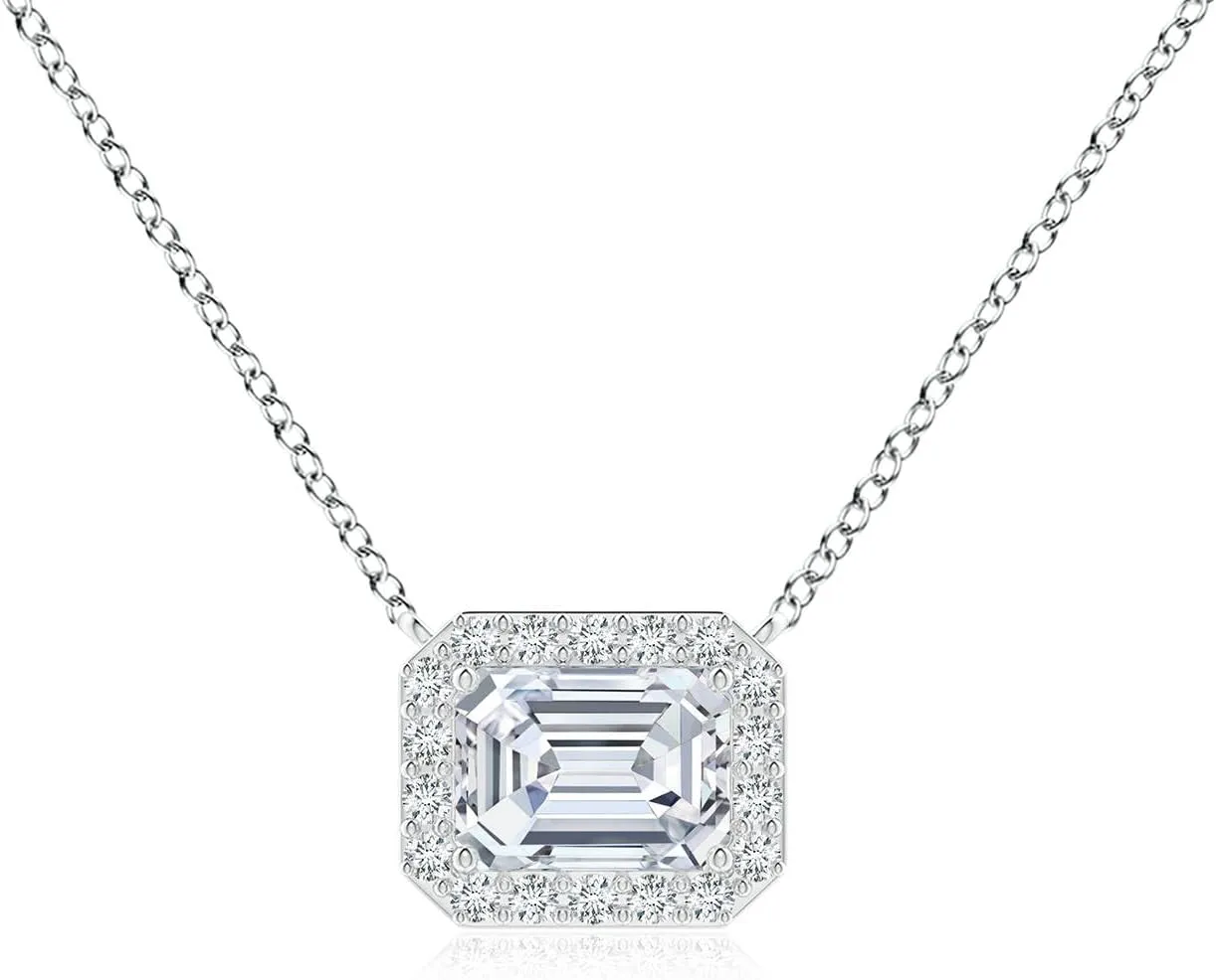 Angara Vintage Style East-West Emerald-Cut Lab Grown Diamond Halo Pendant in 14K Solid Gold/Platinum | April Birthstone, Birthday, Engagement, Anniversary, Wedding Jewelry Gift for Women