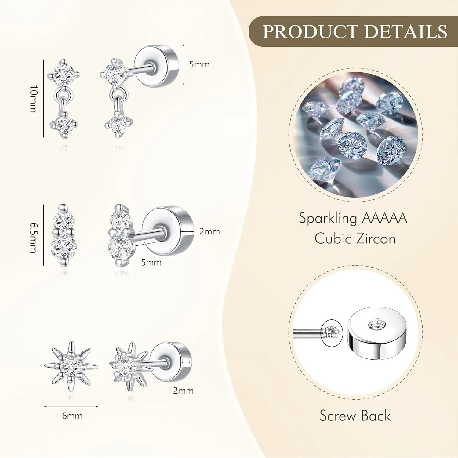 Angelady Flat Back Earrings Set for Women, 14K Gold Plated Flat Back Stud Earring Hypoallergenic, Sterling Silver Cartilage Earrings Helix Piercing Jewelry for Women