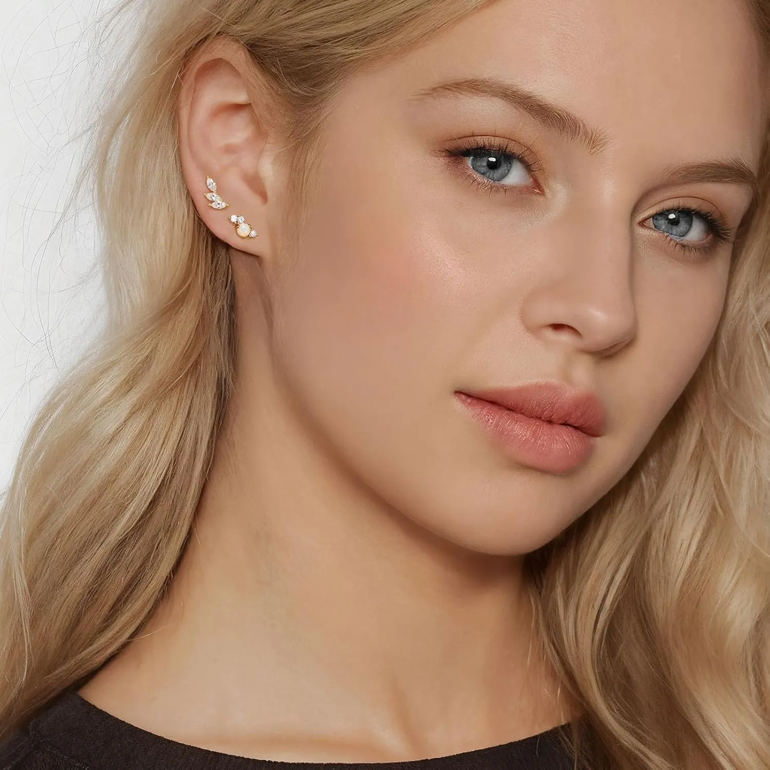 Angelady Flat Back Earrings Set for Women, 14K Gold Plated Opal Earrings for Women, Hypoallergenic Flat Back Studs Earring, Cartilage Stud Earring Helix Jewelry Gifts for Her