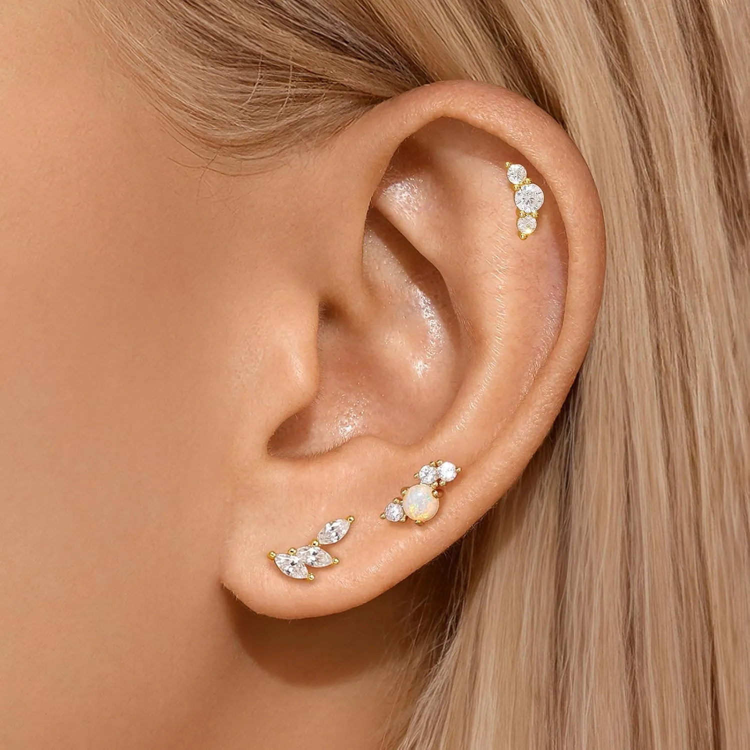 Angelady Flat Back Earrings Set for Women, 14K Gold Plated Opal Earrings for Women, Hypoallergenic Flat Back Studs Earring, Cartilage Stud Earring Helix Jewelry Gifts for Her