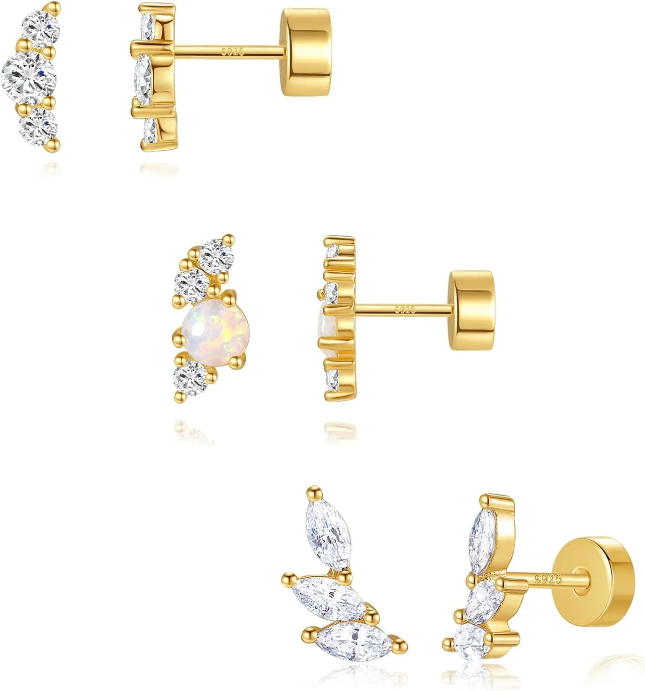 Angelady Flat Back Earrings Set for Women, 14K Gold Plated Opal Earrings for Women, Hypoallergenic Flat Back Studs Earring, Cartilage Stud Earring Helix Jewelry Gifts for Her