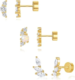 Angelady Flat Back Earrings Set for Women, 14K Gold Plated Opal Earrings for Women, Hypoallergenic Flat Back Studs Earring, Cartilage Stud Earring Helix Jewelry Gifts for Her