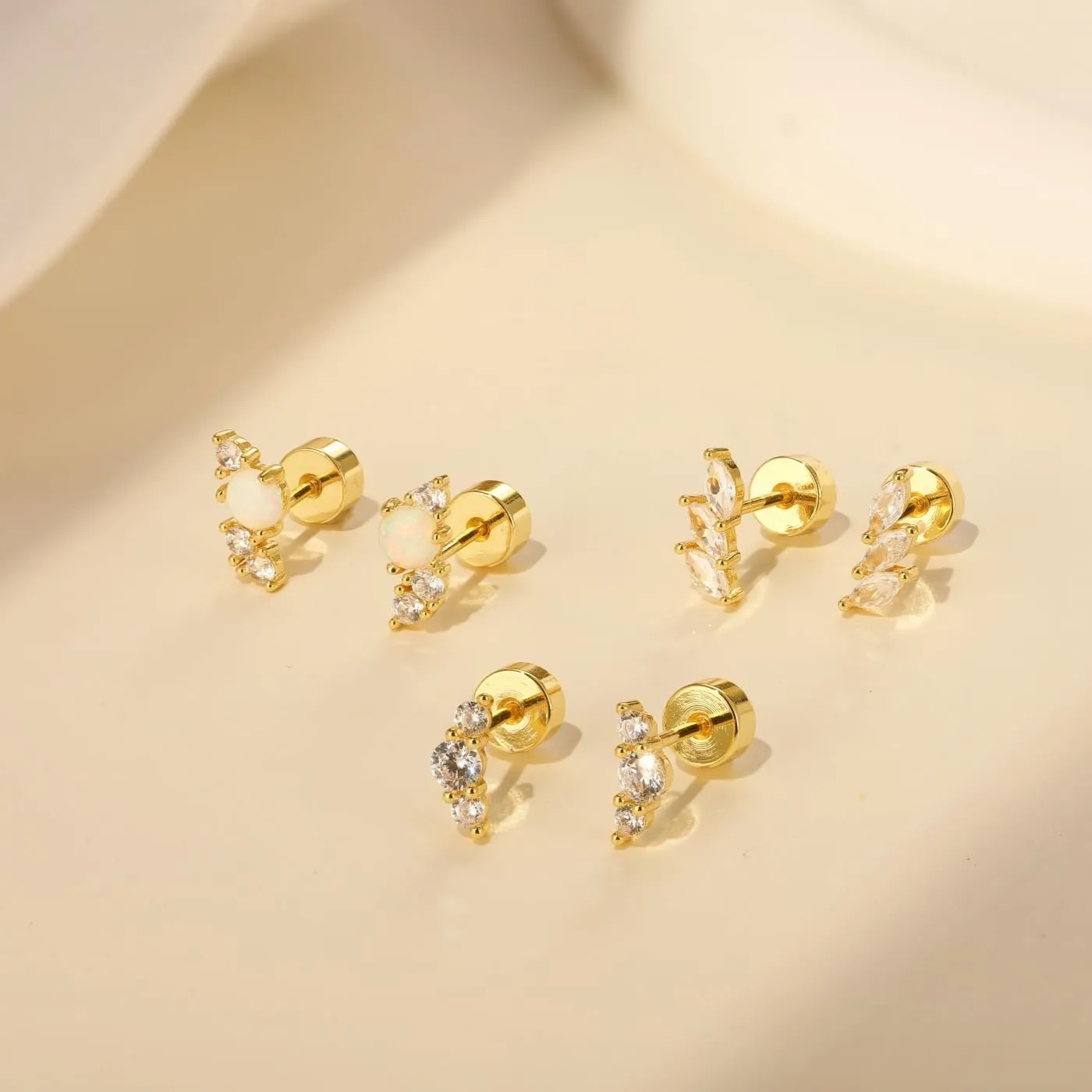 Angelady Flat Back Earrings Set for Women, 14K Gold Plated Opal Earrings for Women, Hypoallergenic Flat Back Studs Earring, Cartilage Stud Earring Helix Jewelry Gifts for Her