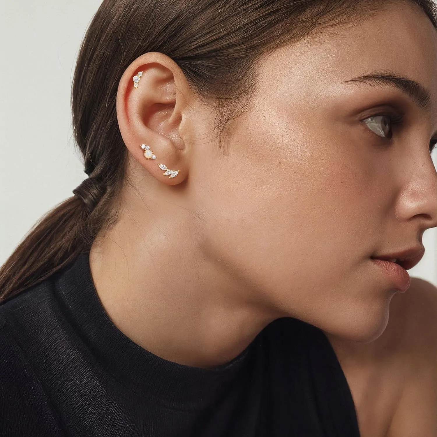 Angelady Flat Back Earrings Set for Women, 14K Gold Plated Opal Earrings for Women, Hypoallergenic Flat Back Studs Earring, Cartilage Stud Earring Helix Jewelry Gifts for Her