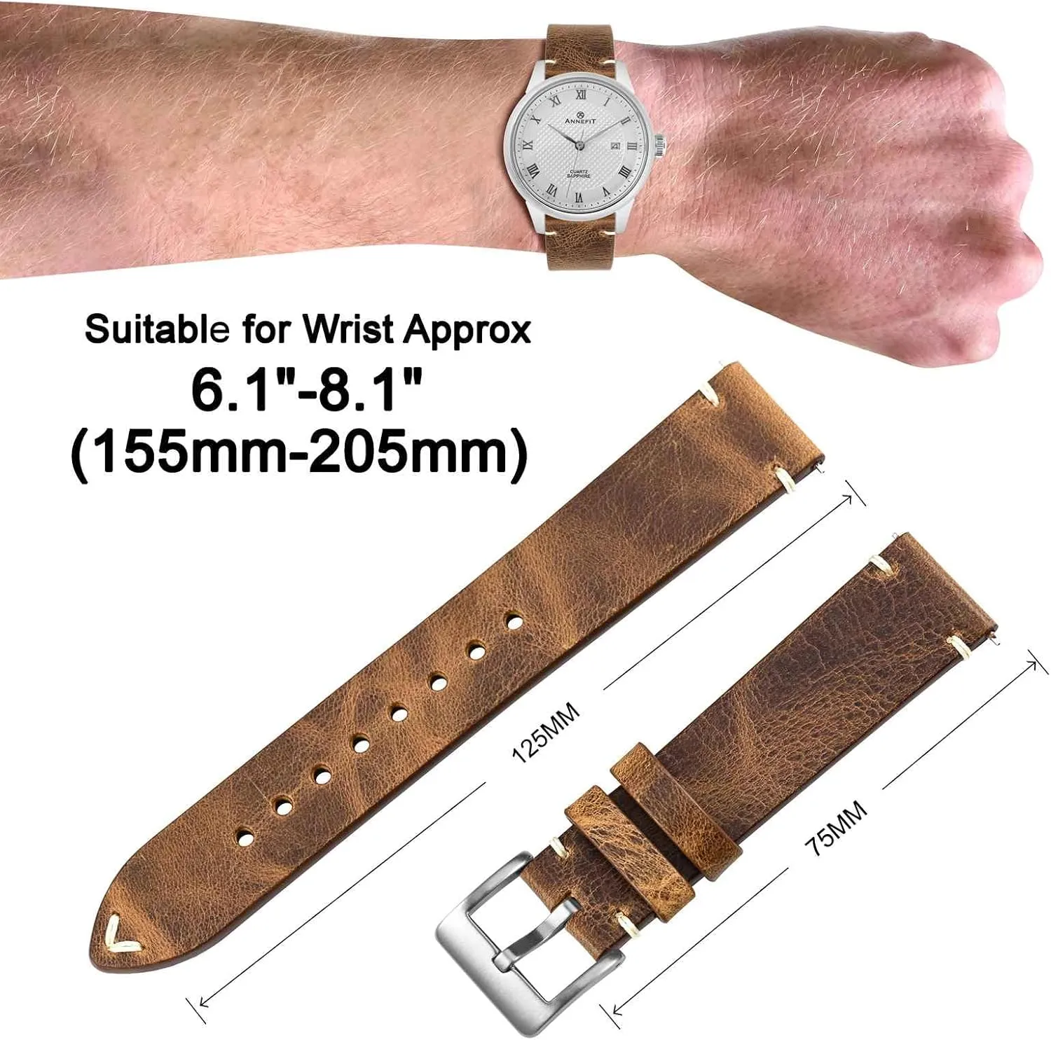 ANNEFIT Quick Release Watch Bands, Italian Vintage Leather Replacement Strap for Men and Women, Band Width 18mm 20mm 22mm