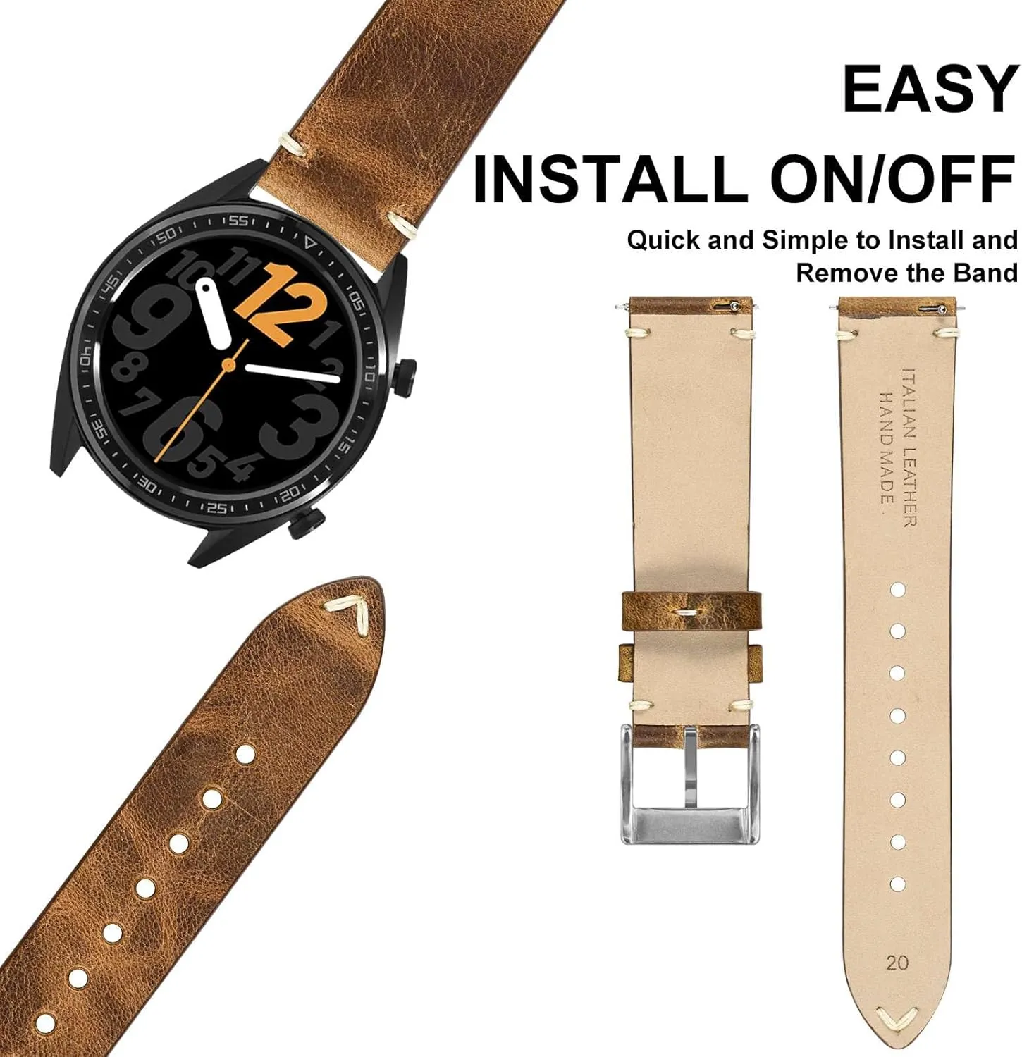 ANNEFIT Quick Release Watch Bands, Italian Vintage Leather Replacement Strap for Men and Women, Band Width 18mm 20mm 22mm