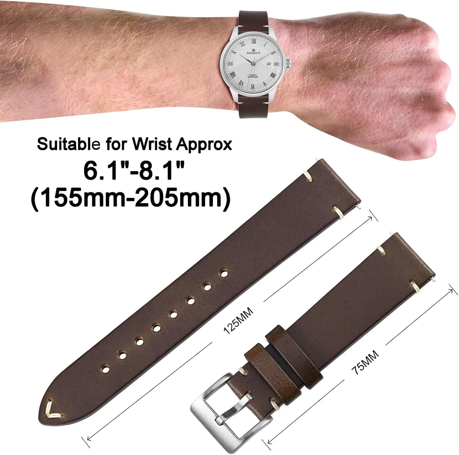 ANNEFIT Quick Release Watch Bands, Italian Vintage Leather Replacement Strap for Men and Women, Band Width 18mm 20mm 22mm