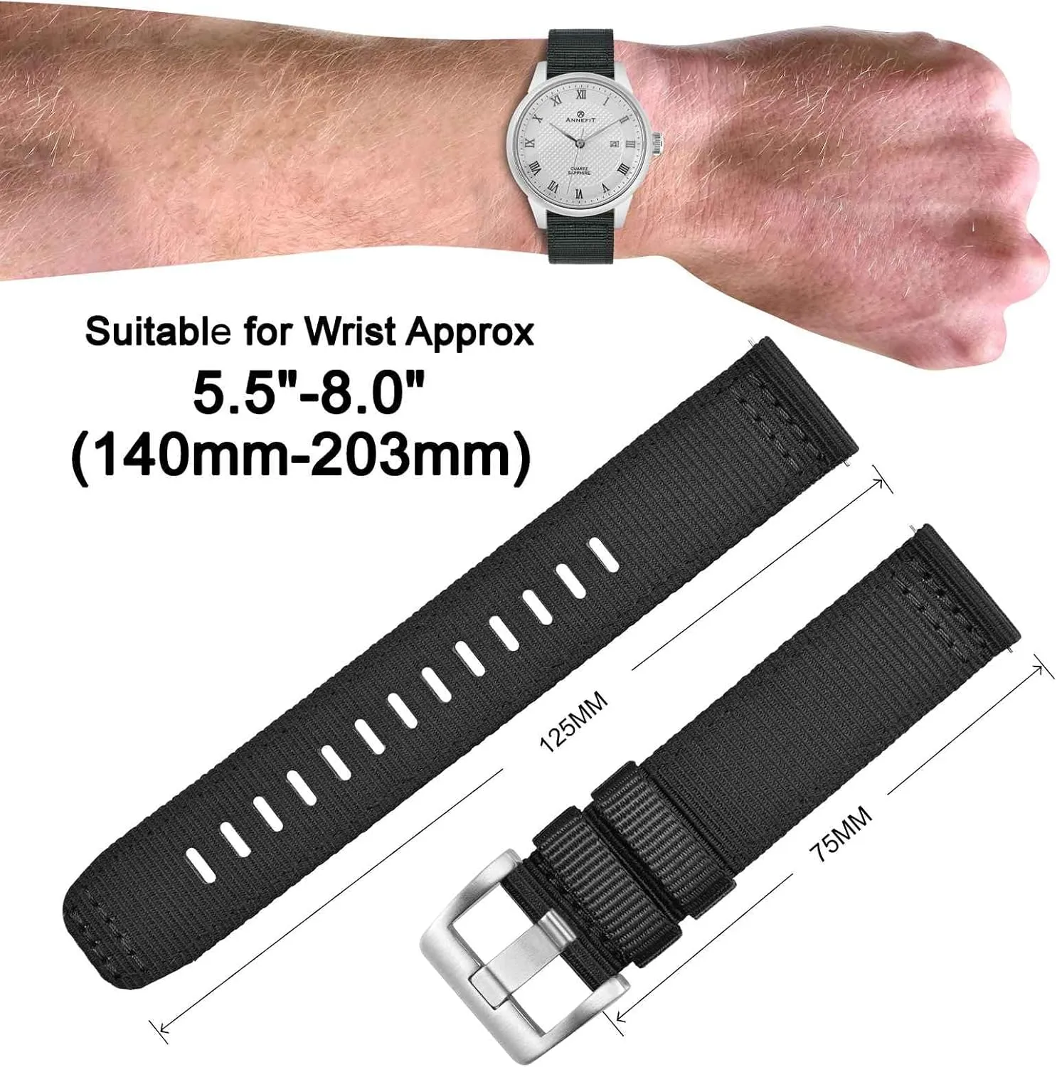 ANNEFIT Quick Release Watch Bands, Military Nylon Watch Strap for Men, Multiple Colors & Width (18mm, 19mm, 20mm, 22mm, 24mm)