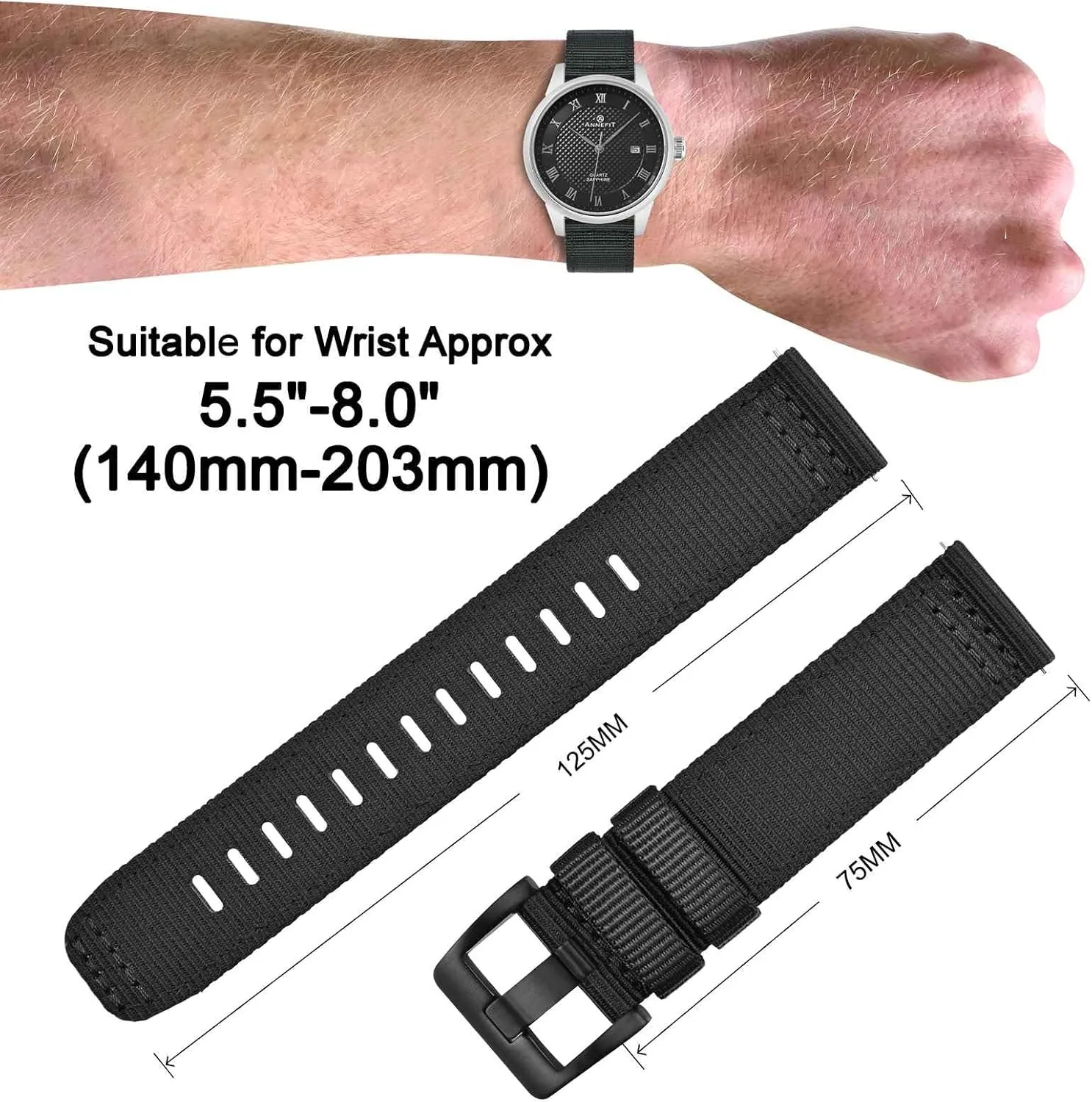 ANNEFIT Quick Release Watch Bands, Military Nylon Watch Strap for Men, Multiple Colors & Width (18mm, 19mm, 20mm, 22mm, 24mm)