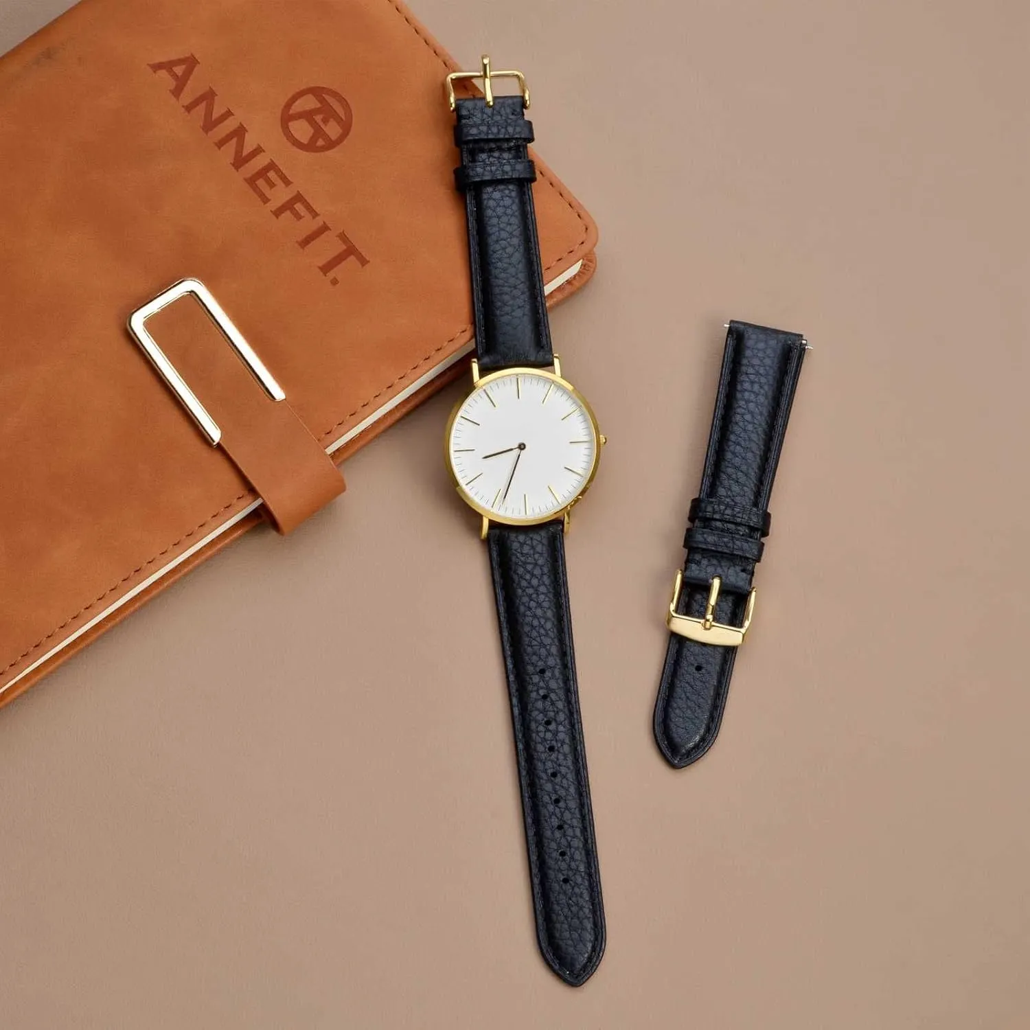 ANNEFIT Watch Band 18mm, Quick Release Textured Padded Leather Straps with Gold Buckle for Men and Women (Black)