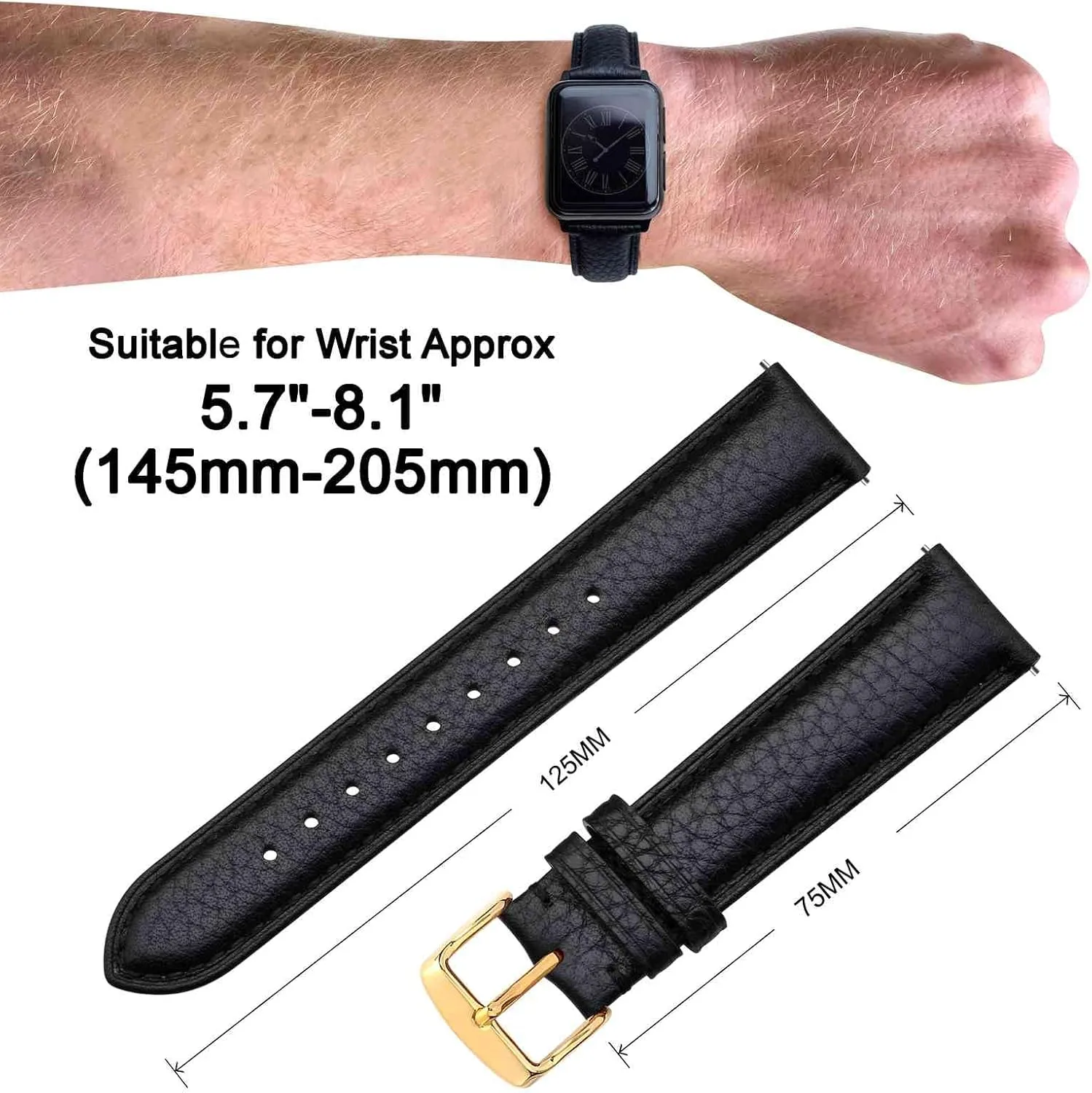 ANNEFIT Watch Band 18mm, Quick Release Textured Padded Leather Straps with Gold Buckle for Men and Women (Black)