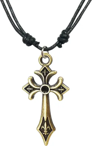 Antique Bronze Christianity Fleur-de-lis Gothic Celtic Cross Pendant Adjustable Cord Necklace