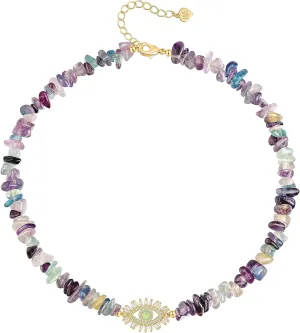 Aobei Pearl Natural Mix Color Fluorite Choker 18K Gold CZ Pave Evil Eye Pendant Necklace for Women Girls Single Cultured Freshwater Pearl Leather Necklace Boho Beach Layering Jewelry