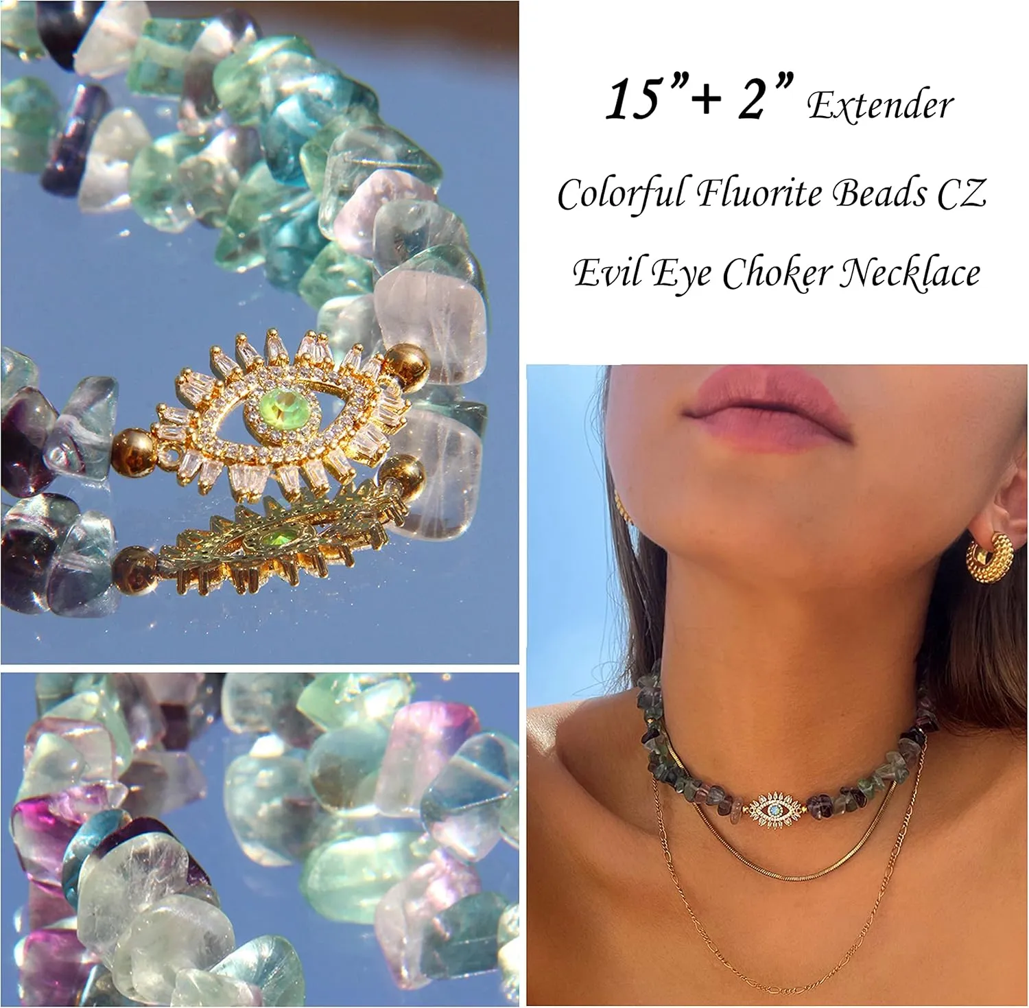 Aobei Pearl Natural Mix Color Fluorite Choker 18K Gold CZ Pave Evil Eye Pendant Necklace for Women Girls Single Cultured Freshwater Pearl Leather Necklace Boho Beach Layering Jewelry