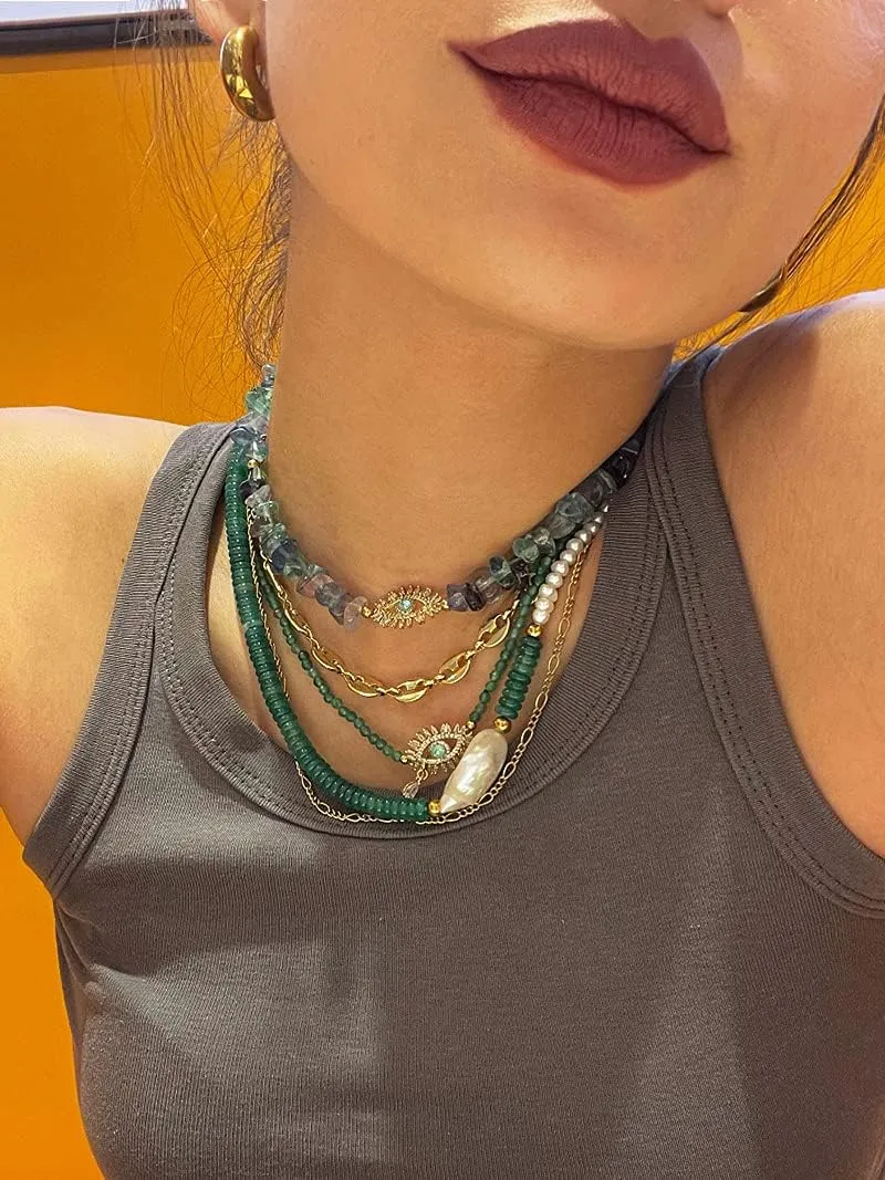 Aobei Pearl Natural Mix Color Fluorite Choker 18K Gold CZ Pave Evil Eye Pendant Necklace for Women Girls Single Cultured Freshwater Pearl Leather Necklace Boho Beach Layering Jewelry