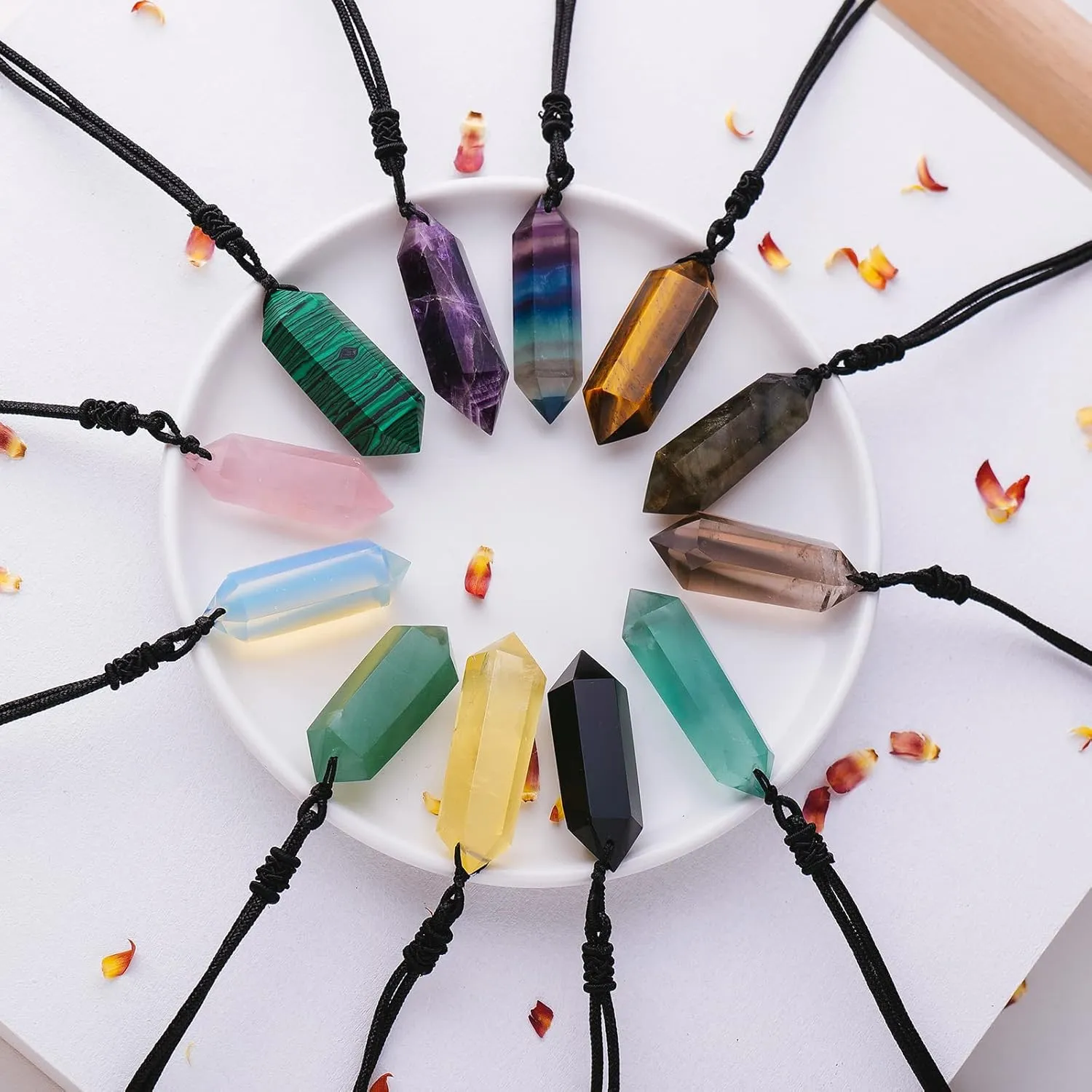 Apengshi Natural Healing Crystal Double Pointed Pendants Natural Crystal Quartz Necklace 6 Faceted Chakra Crystal Wand Energy Stone Necklace Pendant Meditation Balance Reiki Gifts