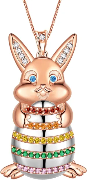 Aurora Tears Bunny Rabbit Easter Egg Pendant Necklace - 925 Sterling Silver Cute Bunny Pendants Necklaces with Colorful Crystal Charm Choker Animal Jewelry Gifts Easter Stuff for Women Girl