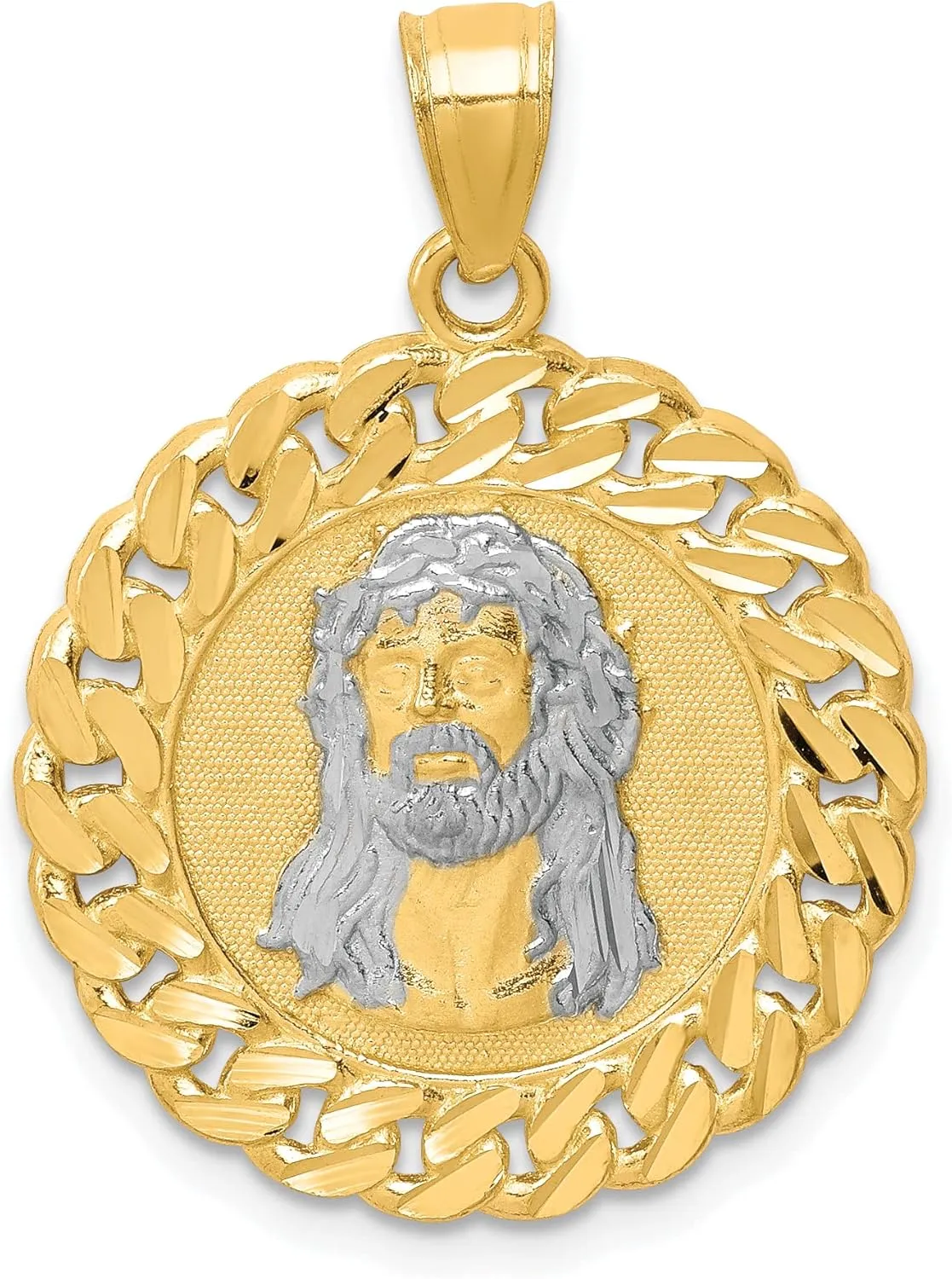 Avariah Solid 10K Yellow Gold Diamond Cut w/Rhodium Jesus Face Pendant - 28.63mm