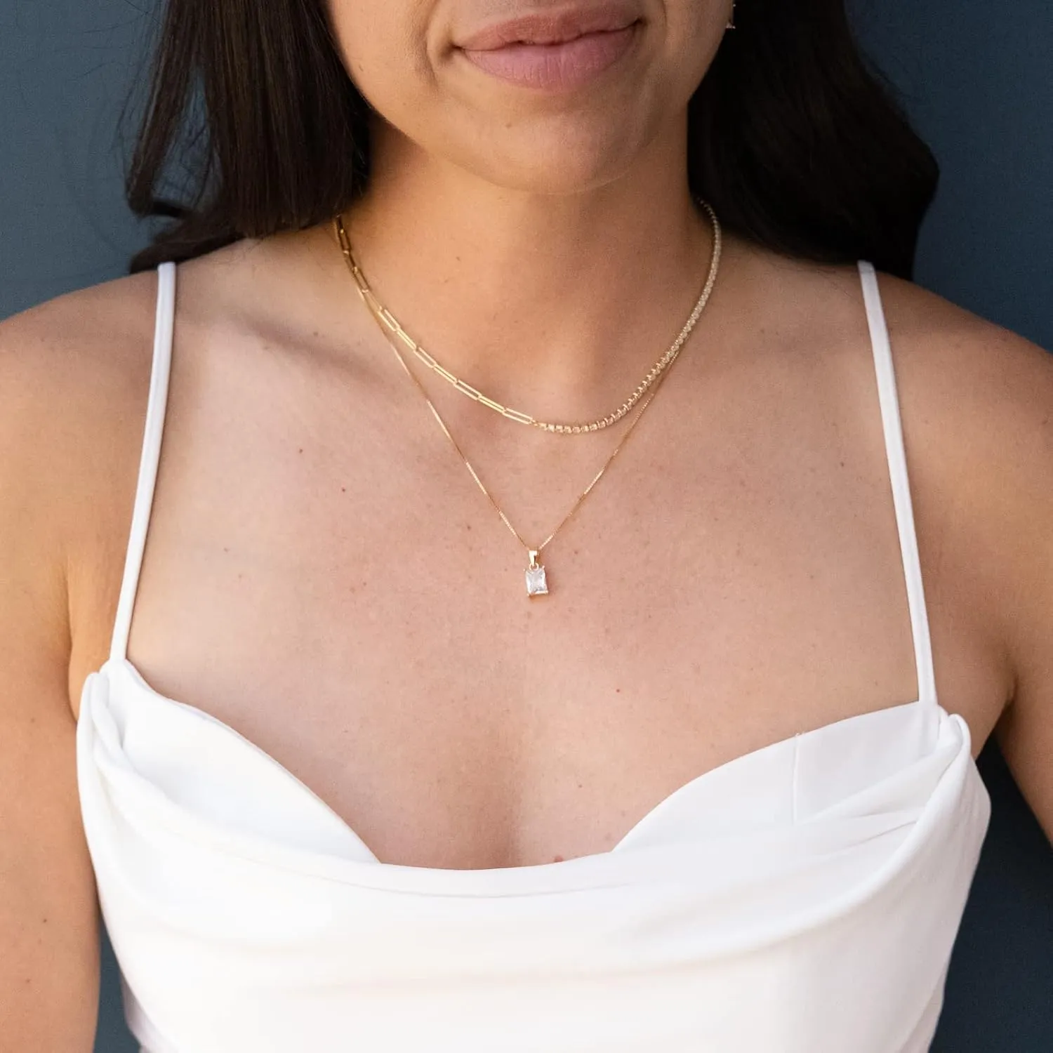Baguette CZ Pendant Necklace | 14K Gold Plated Sterling Silver | Emerald Baguette Pendant Dainty Box Chain Necklace 18''