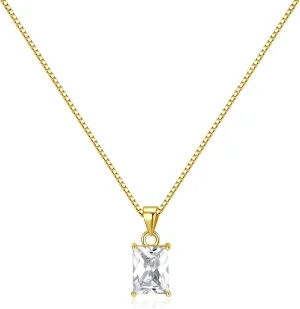 Baguette CZ Pendant Necklace | 14K Gold Plated Sterling Silver | Emerald Baguette Pendant Dainty Box Chain Necklace 18''