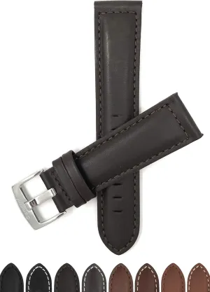 Bandini Mens XL Extra Long Leather Watch Band or Regular Strap, Classic or Buffalo Pattern - 4 Colors, With or Without Stitch - 18mm 20mm 22mm 24mm 26mm 28mm 30mm Leather Watch Band for Men