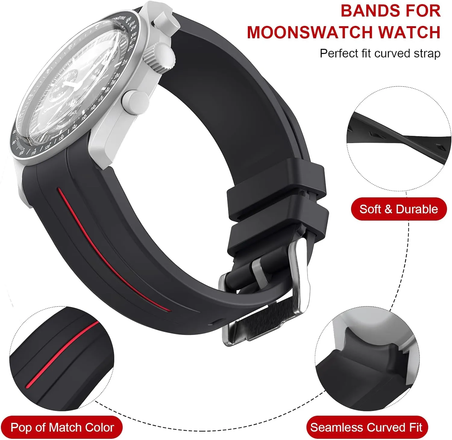 Bands for Moonswatch Watch,Curved No Gap Rubber Strap Compatible with Omega X Swatch Moonswatch Speedmaster/Rolex/SEIKO 20mm Watch,Swatch Omega Moonswatch Speedmaster Watch Replacement Band Men Women