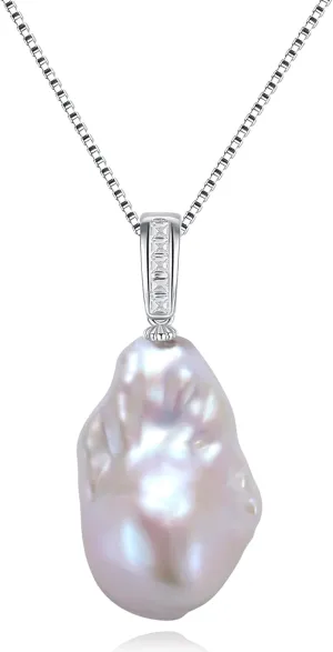Baroque Pearl Pendant Necklace, Freshwater/Saltwater Cultured Pearl 13-15mm, 925 Sterling Silver Necklace, 18K White Gold Plated Adjustable Chain 18 2IN, Jewelry Gifts for Women