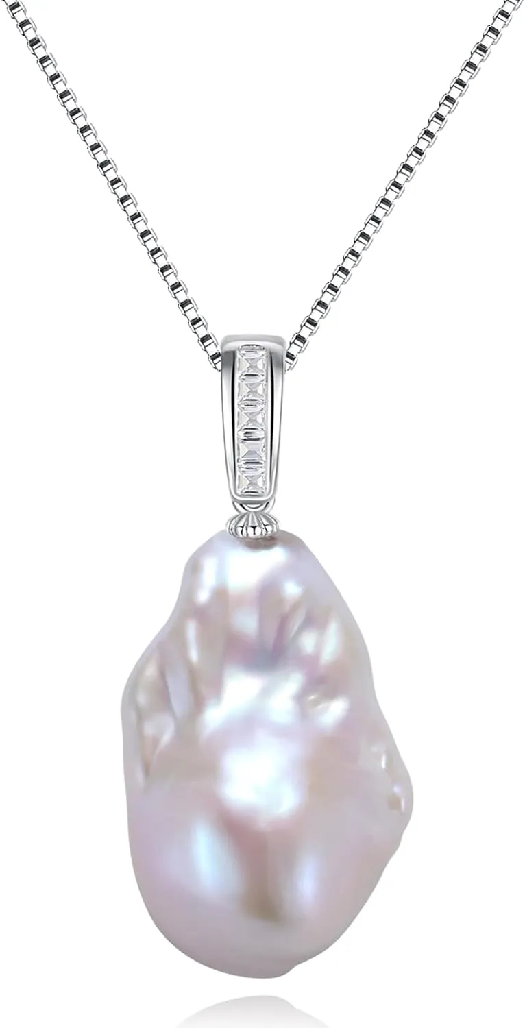 Baroque Pearl Pendant Necklace, Freshwater/Saltwater Cultured Pearl 13-15mm, 925 Sterling Silver Necklace, 18K White Gold Plated Adjustable Chain 18 2IN, Jewelry Gifts for Women