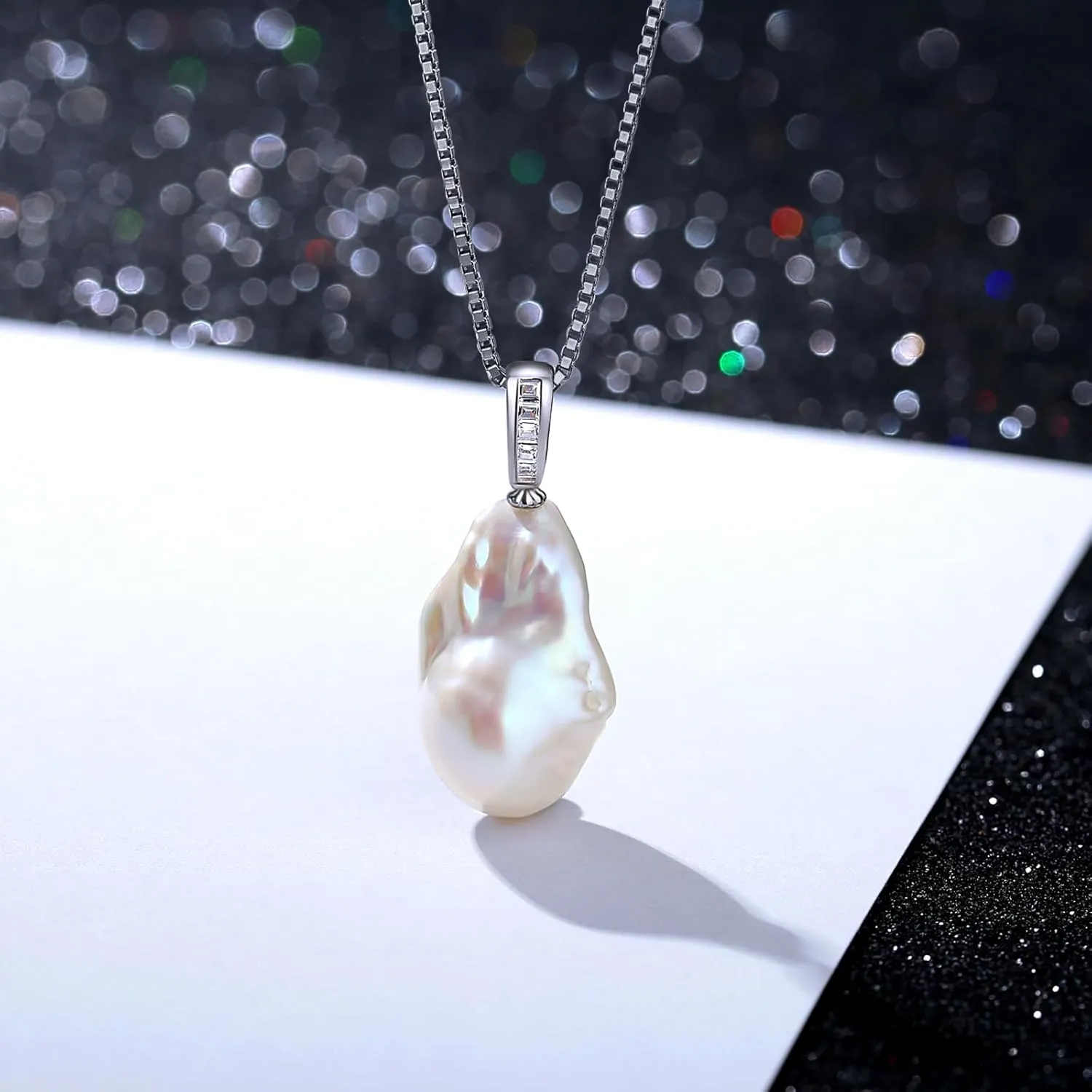 Baroque Pearl Pendant Necklace, Freshwater/Saltwater Cultured Pearl 13-15mm, 925 Sterling Silver Necklace, 18K White Gold Plated Adjustable Chain 18 2IN, Jewelry Gifts for Women