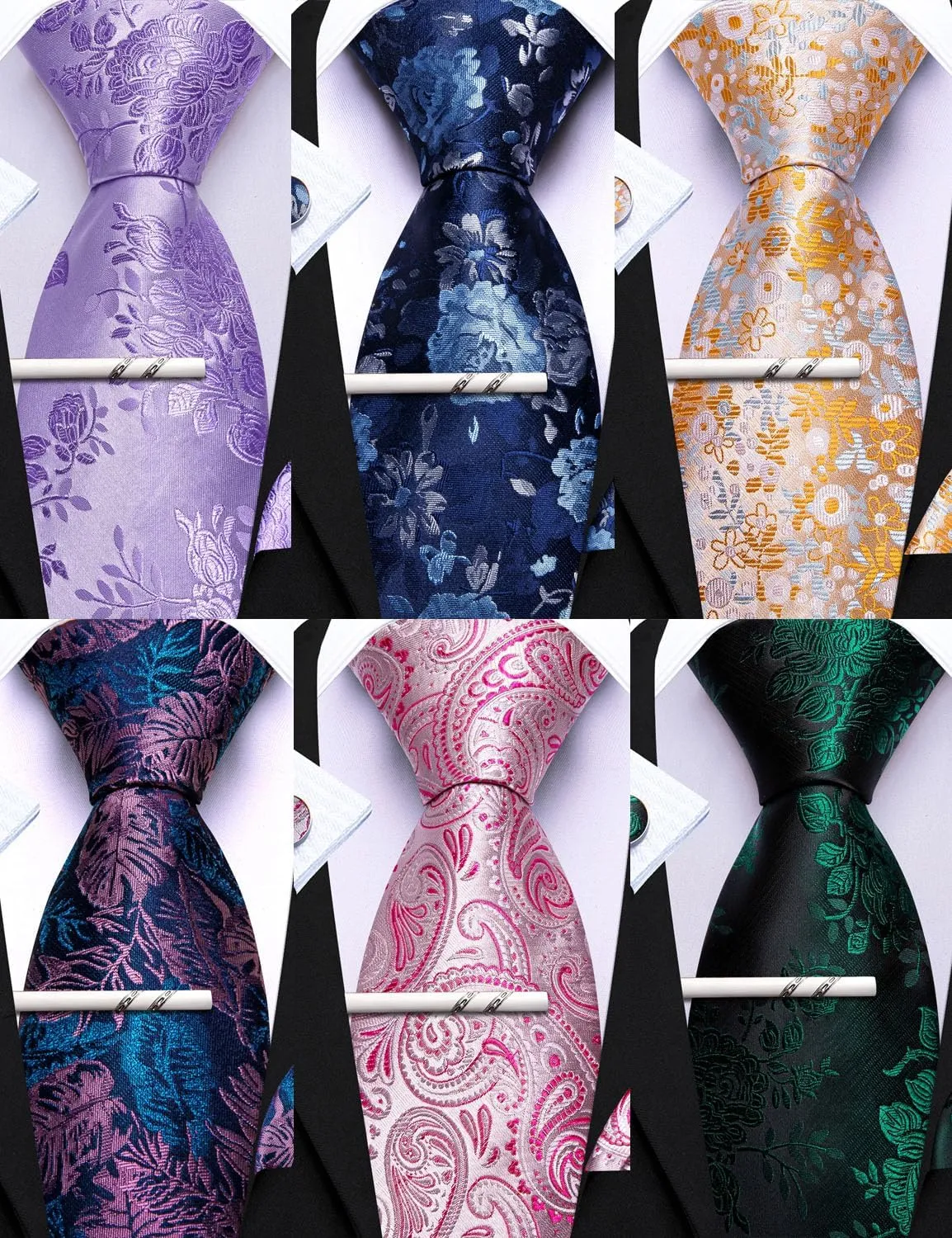 Barry.Wang Mens 6 PCS Ties Silk Striped Paisley Check Floral Necktie Pocket Square Tie-Clip Wedding Business Party Ties 3.34"