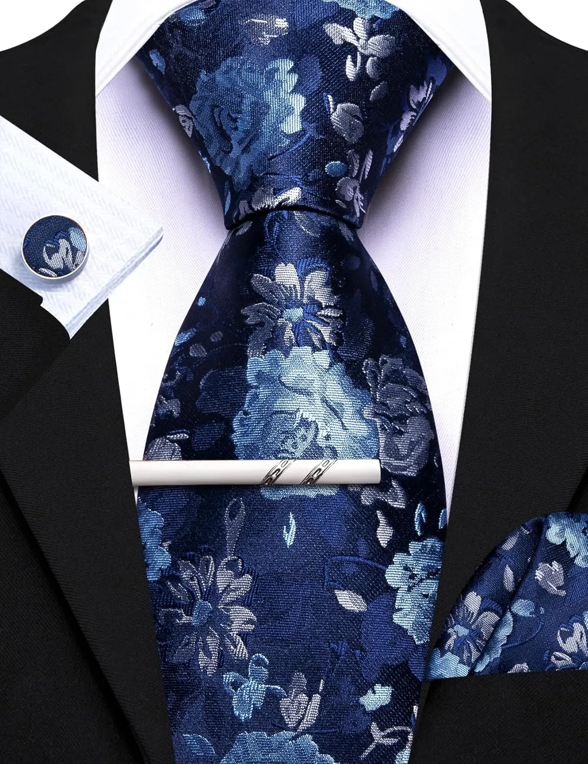 Barry.Wang Mens 6 PCS Ties Silk Striped Paisley Check Floral Necktie Pocket Square Tie-Clip Wedding Business Party Ties 3.34"