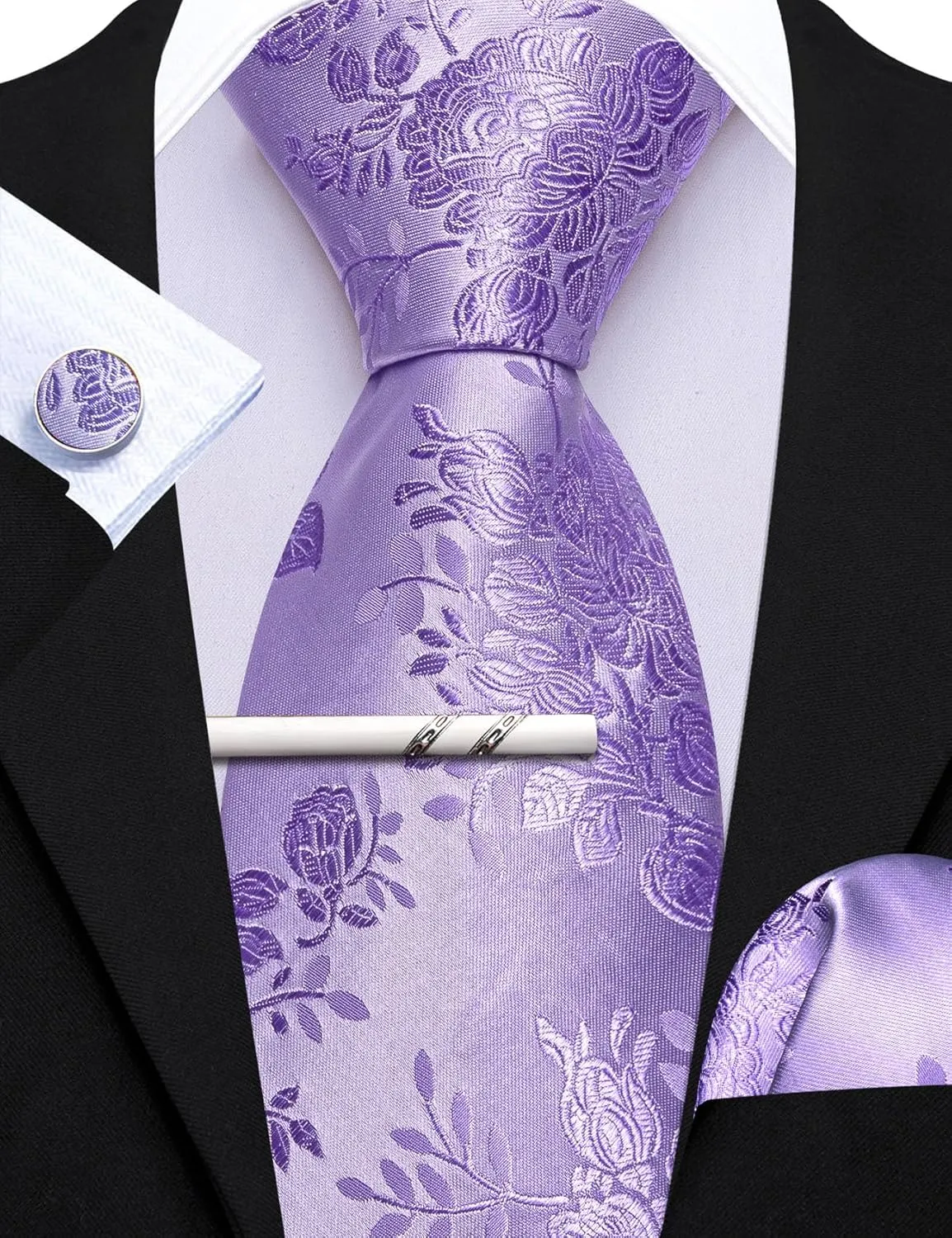 Barry.Wang Mens 6 PCS Ties Silk Striped Paisley Check Floral Necktie Pocket Square Tie-Clip Wedding Business Party Ties 3.34"