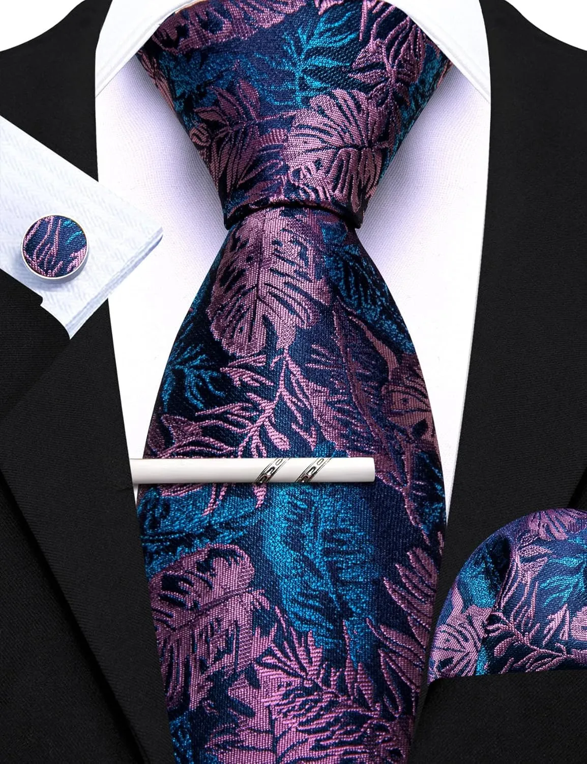 Barry.Wang Mens 6 PCS Ties Silk Striped Paisley Check Floral Necktie Pocket Square Tie-Clip Wedding Business Party Ties 3.34"