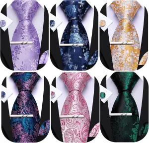 Barry.Wang Mens 6 PCS Ties Silk Striped Paisley Check Floral Necktie Pocket Square Tie-Clip Wedding Business Party Ties 3.34"