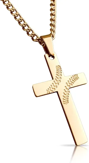 Baseball Cross Pendant With Chain Necklace - 14K Gold Plated Stainless Steel