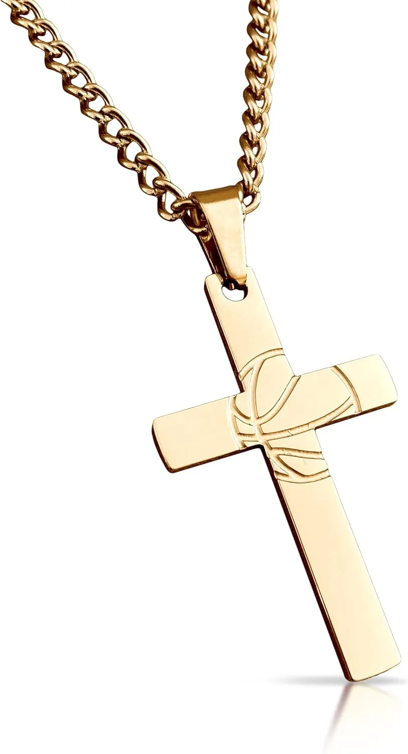 Basketball Cross Pendant With Chain Necklace - 14K Gold Plated Stainless Steel