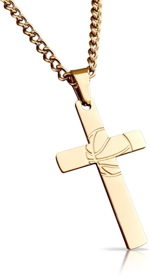 Basketball Cross Pendant With Chain Necklace - 14K Gold Plated Stainless Steel