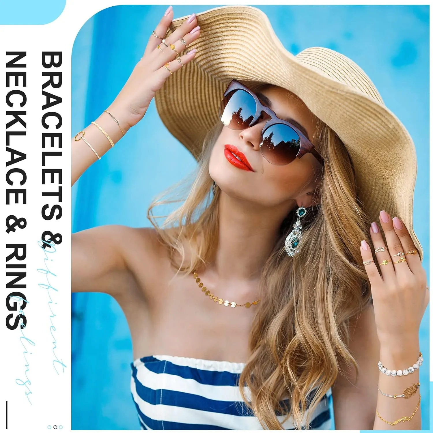 Batiyeer 60 Pcs Christmas Surfer Wave Friendship Bracelet Layered Choker Pendant Necklace Adjustable Multilayer Chain Bracelet Anklets Knuckle Rings for Women Xmas Gifts