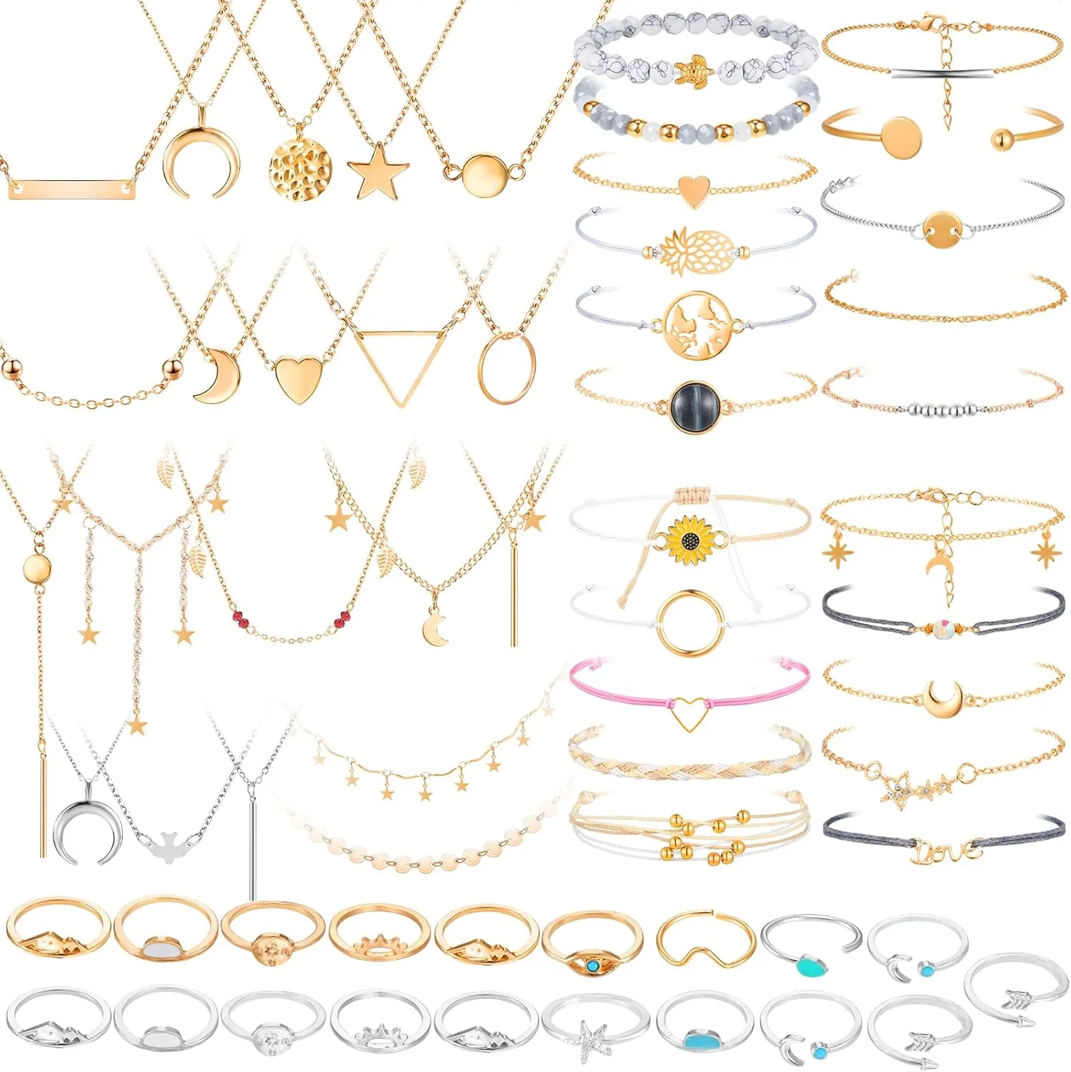 Batiyeer 60 Pcs Christmas Surfer Wave Friendship Bracelet Layered Choker Pendant Necklace Adjustable Multilayer Chain Bracelet Anklets Knuckle Rings for Women Xmas Gifts