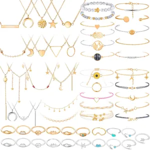 Batiyeer 60 Pcs Christmas Surfer Wave Friendship Bracelet Layered Choker Pendant Necklace Adjustable Multilayer Chain Bracelet Anklets Knuckle Rings for Women Xmas Gifts