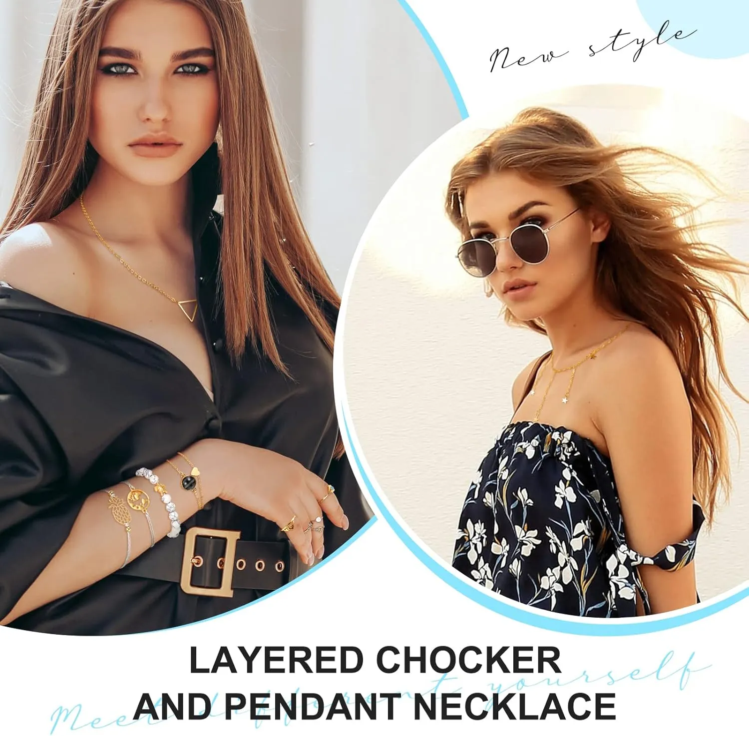 Batiyeer 60 Pcs Christmas Surfer Wave Friendship Bracelet Layered Choker Pendant Necklace Adjustable Multilayer Chain Bracelet Anklets Knuckle Rings for Women Xmas Gifts