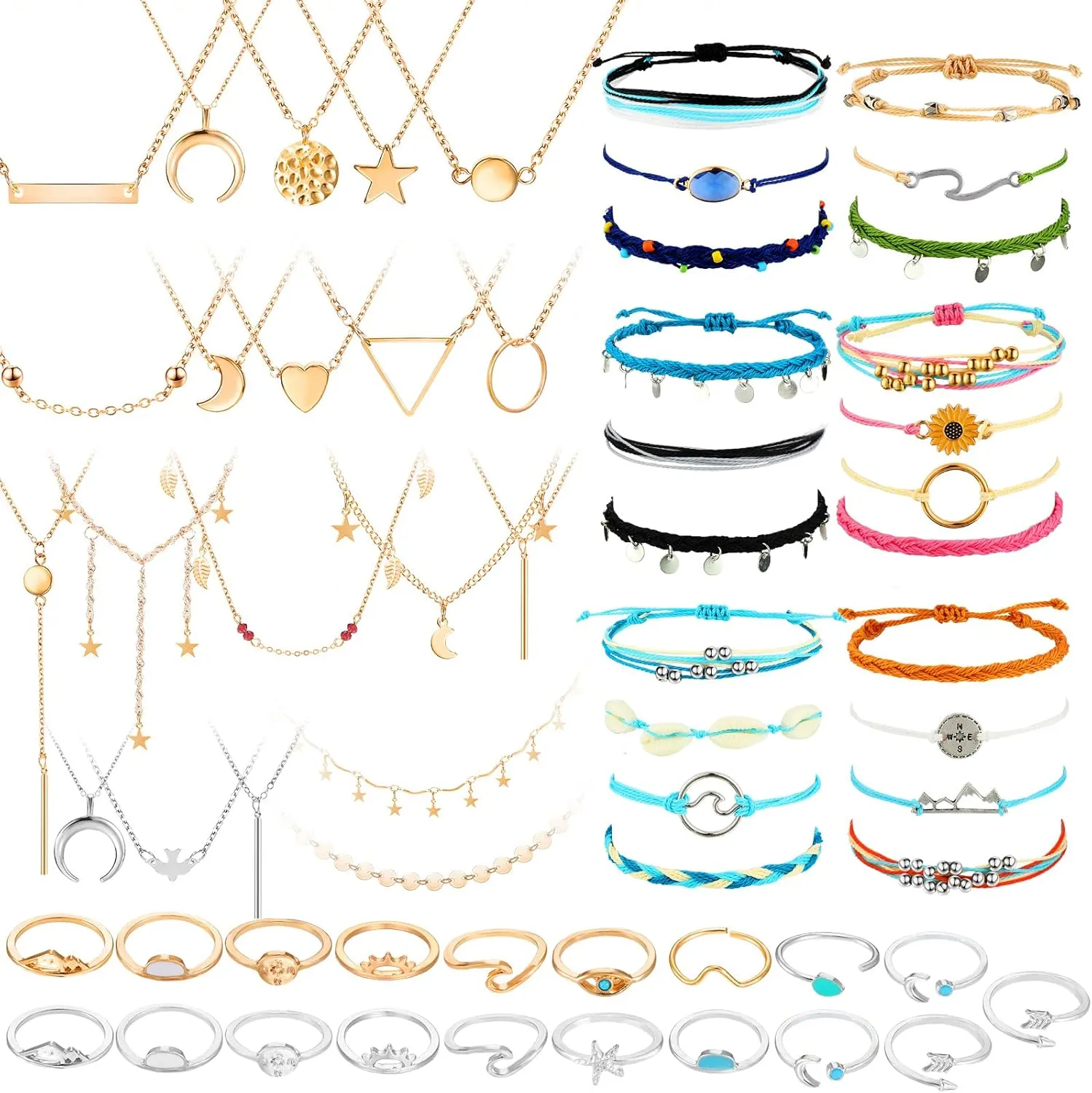 Batiyeer 60 Pcs Christmas Surfer Wave Friendship Bracelet Layered Choker Pendant Necklace Adjustable Multilayer Chain Bracelet Anklets Knuckle Rings for Women Xmas Gifts(Vivid)