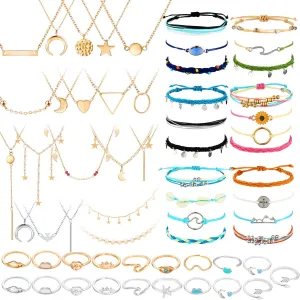 Batiyeer 60 Pcs Christmas Surfer Wave Friendship Bracelet Layered Choker Pendant Necklace Adjustable Multilayer Chain Bracelet Anklets Knuckle Rings for Women Xmas Gifts(Vivid)